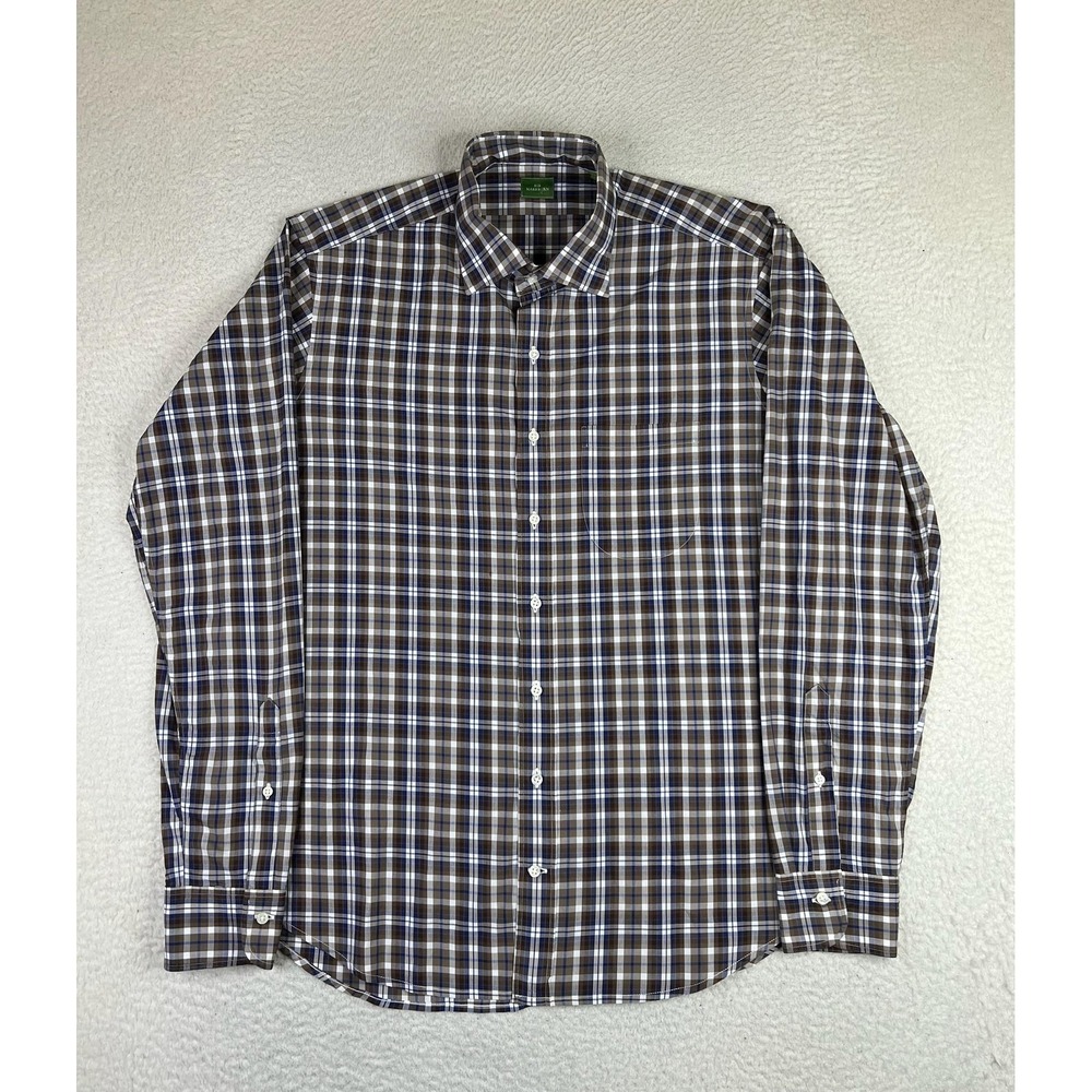 Sid Mashburn Shirt Mens Large Brown Blue Plaid Cotton Long Sleeve Button Up